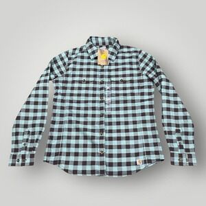 Carhartt Womens Small 4/6 Blue Black Plaid Long Sleeve Flannel Cotton 100714